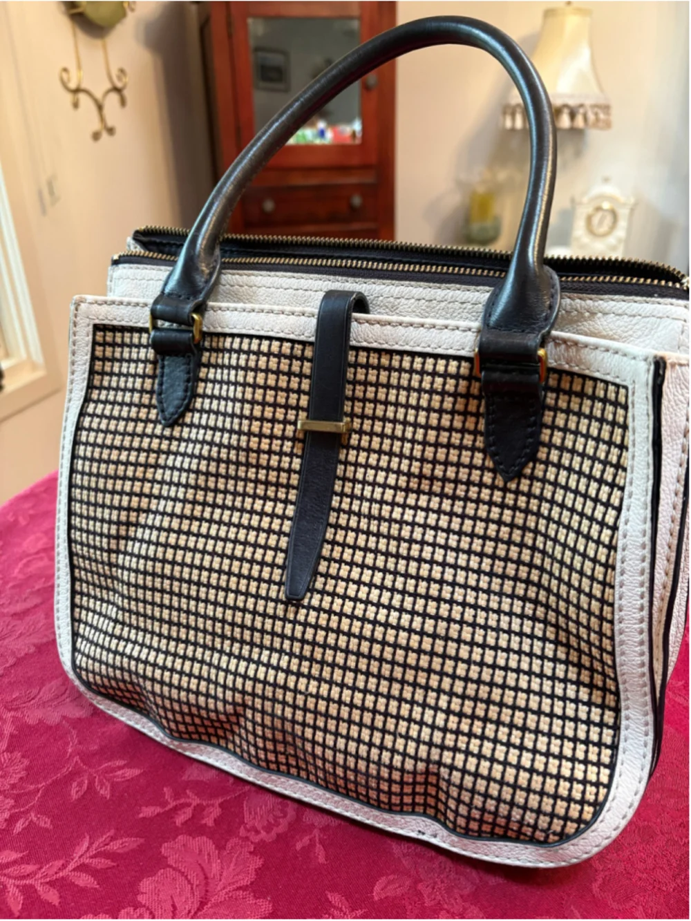 Fossil Beige and Black Perforated Leather Satchel Bag